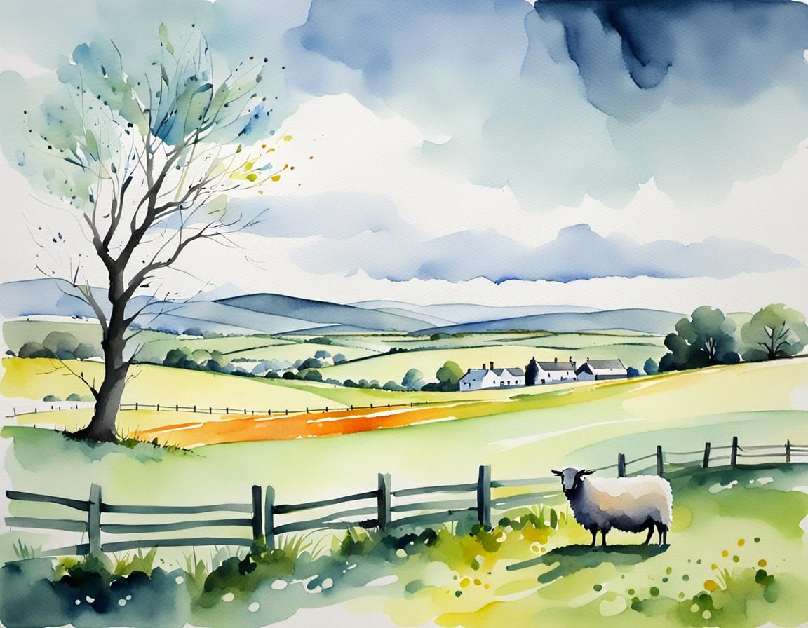 Irish Rural Landscape in Watercolor