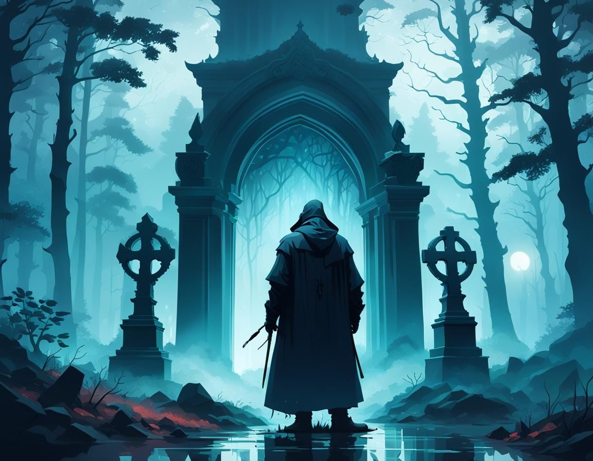 Mysterious Figure in Dark Forest: Hyperdetailed Concept Art