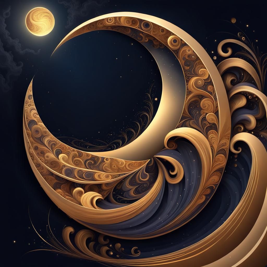 Crescent Moon with Golden Swirls in Abstract Style