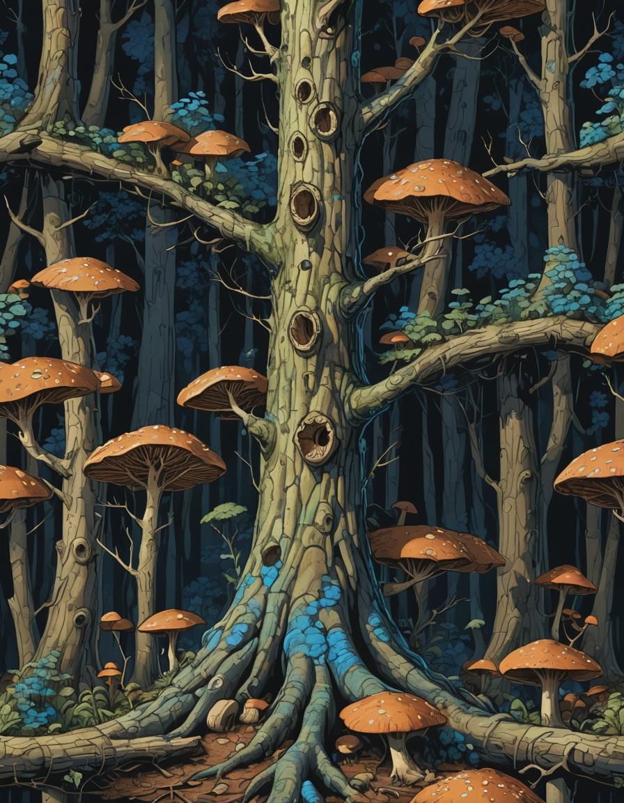 Enchanted Forest Tree Trunk with Fireflies