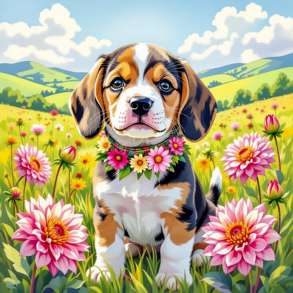 Beagle Puppy in Dahlia Meadow, Watercolor Style