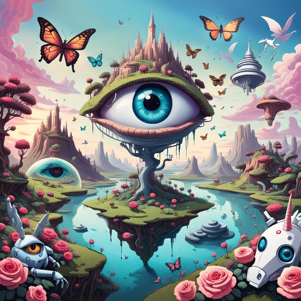 Surreal Landscape with Giant Eye, Melting Oil on Canvas
