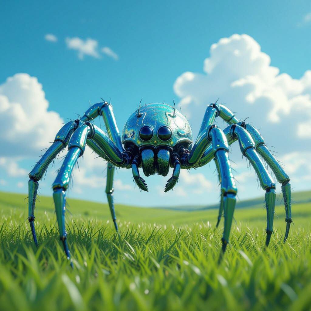 Iridescent Alien Spider in Blue-Green Field