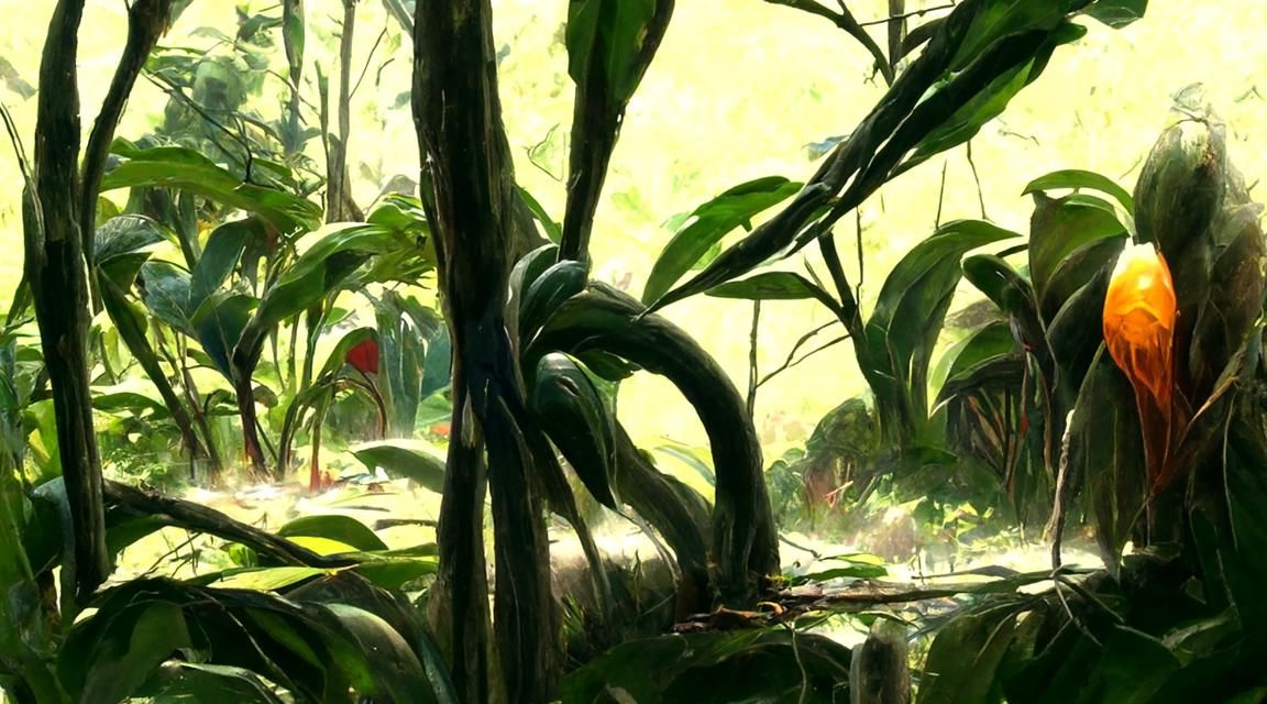 Exotic Jungle Scene with Colorful Flora and Fauna