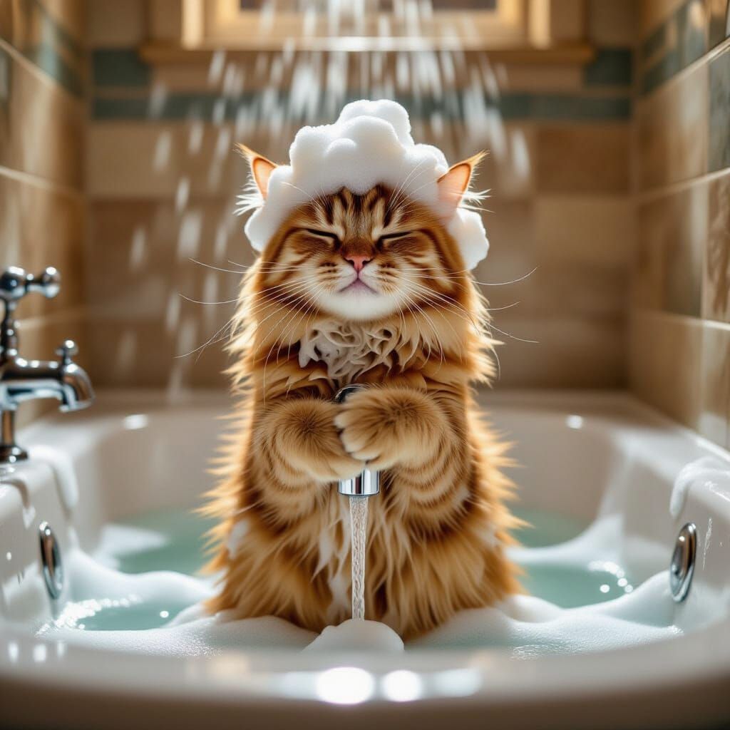 Ginger Cat Sings in Bathtub Covered in Soap Foam