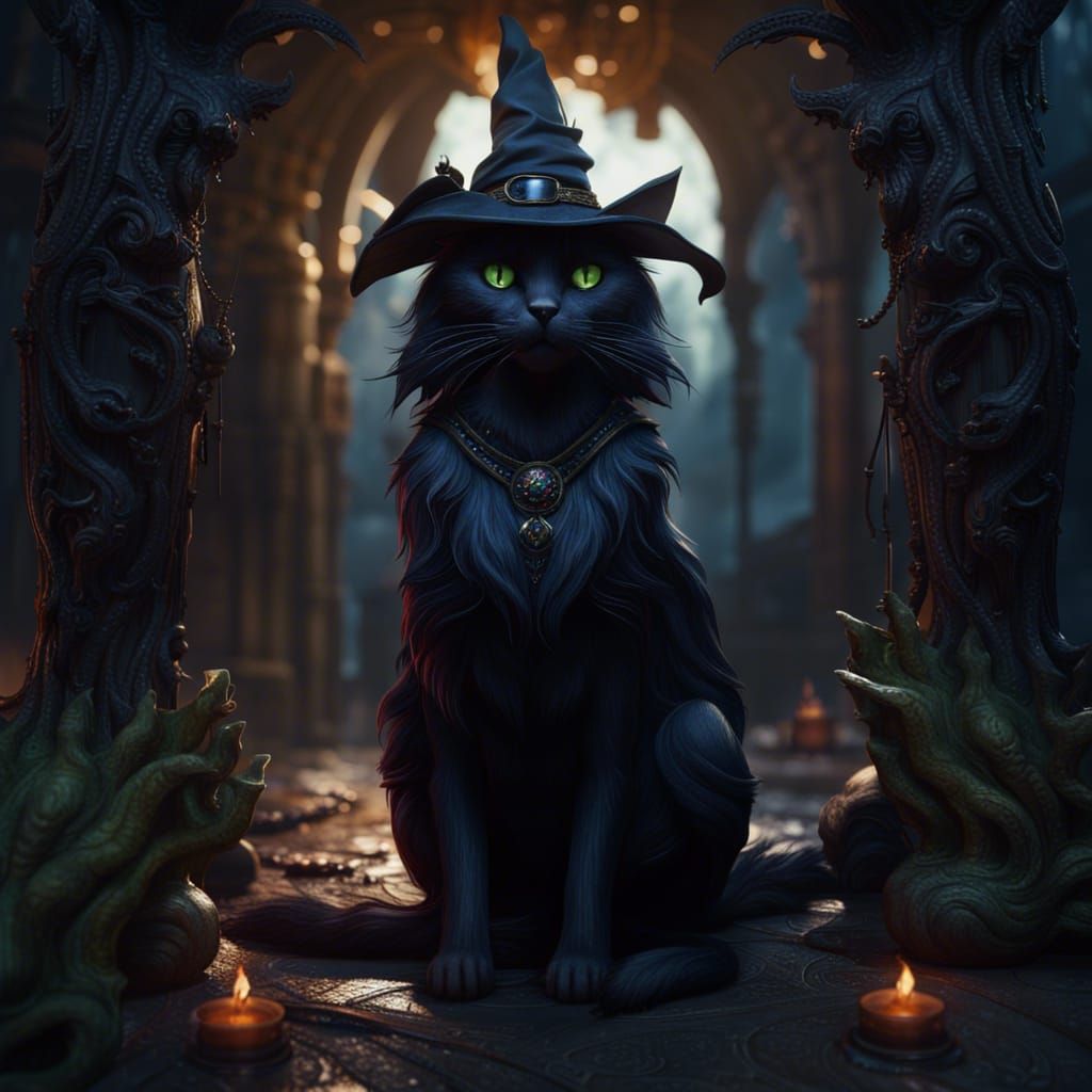 Fantastical Black Cat Witch in Detailed Matte Painting