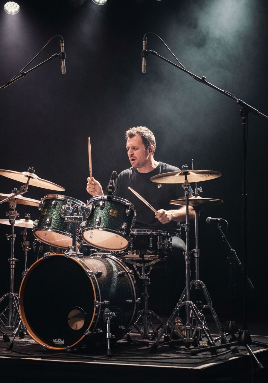 Energetic Drummer Performing on Stage Under Dramatic Lightin...