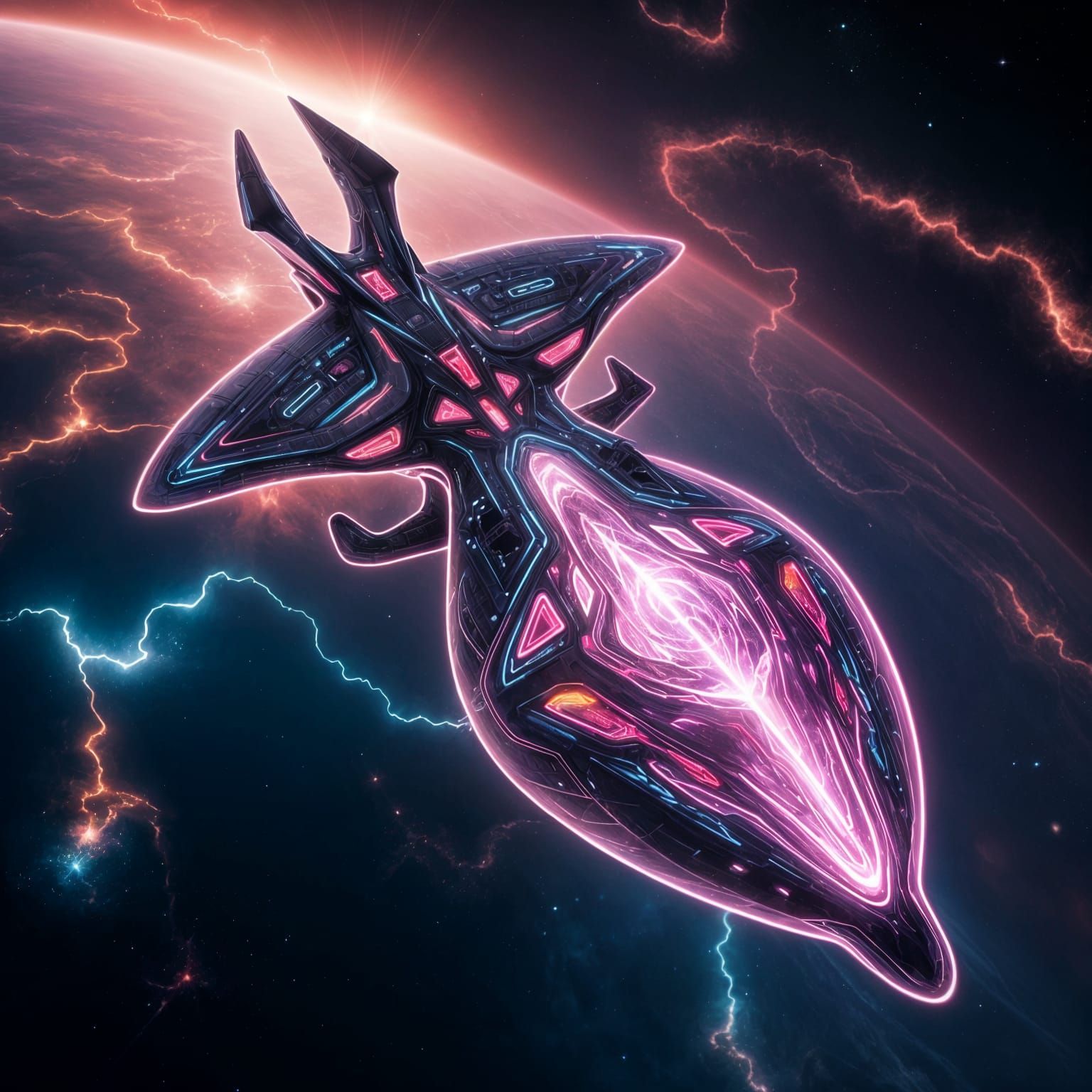 Vast Starship Soars Through Triadic Cosmic Landscape