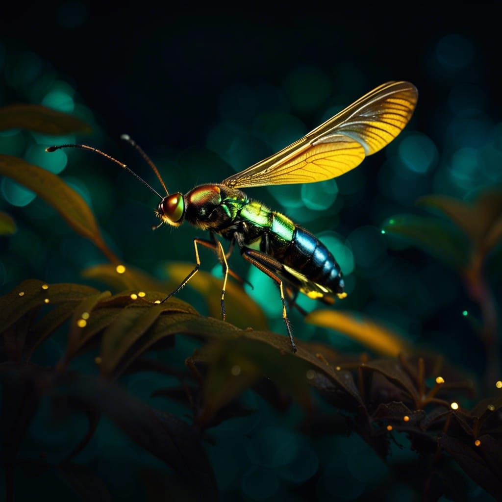 Iridescent Firefly Dancing in Moonlit Night
