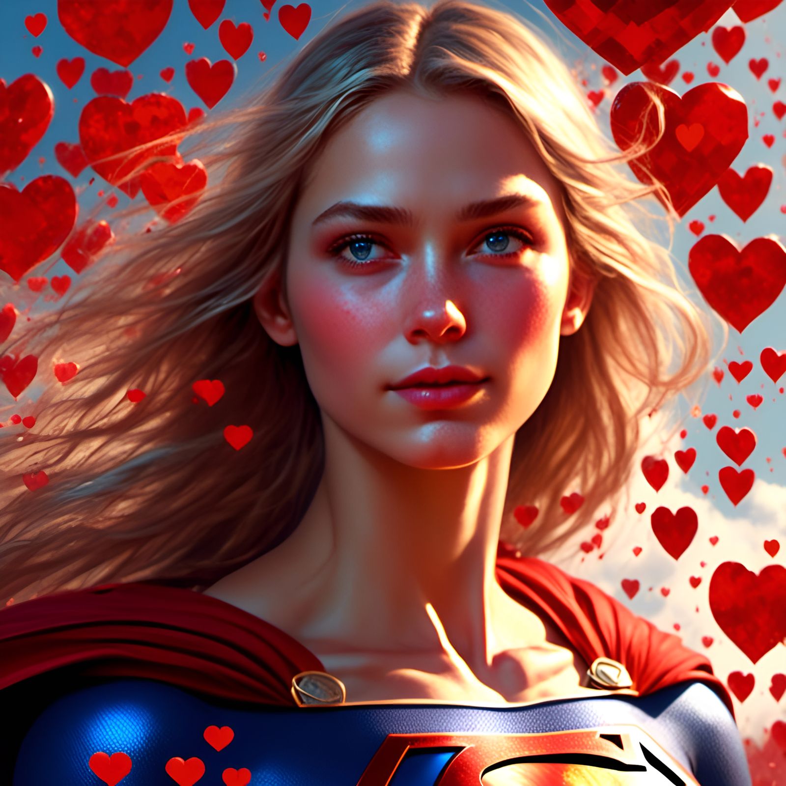 Supergirl Portrait with Hearts in Detailed Art Style