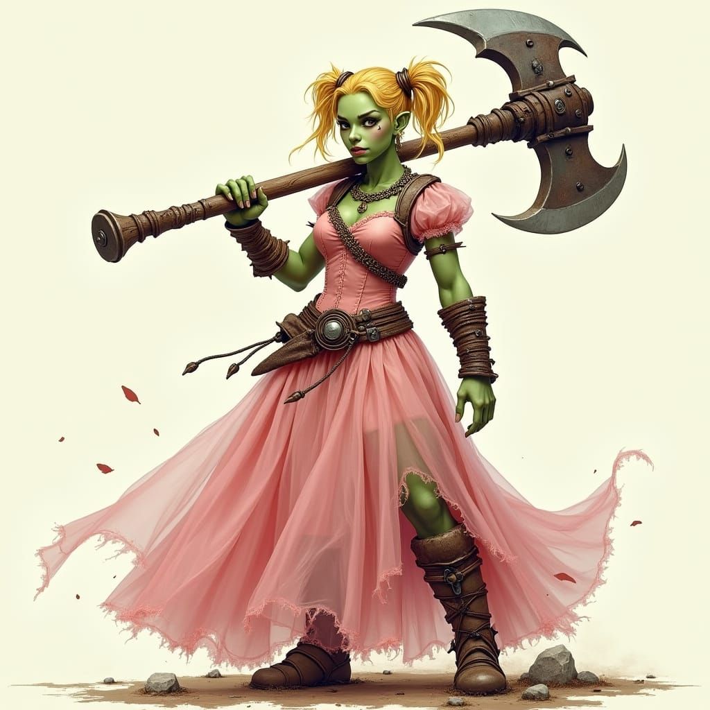 Orc Warrior in Pink Gown with Battle-Axe