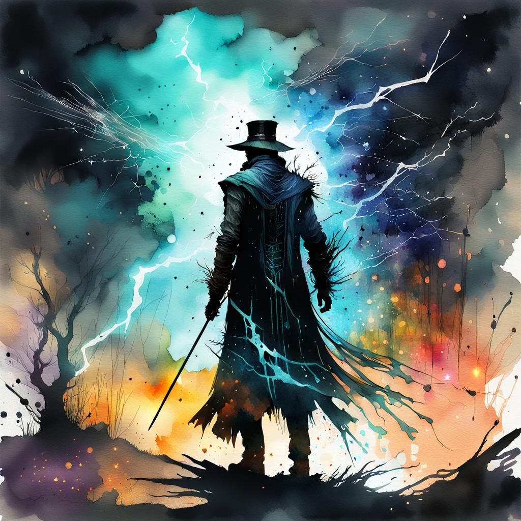 Magician Silhouette in Dark Street: Digital Watercolor Art