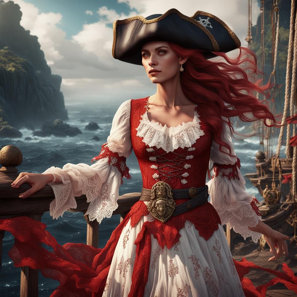 Pirate Woman in Flowing Red and White Dress