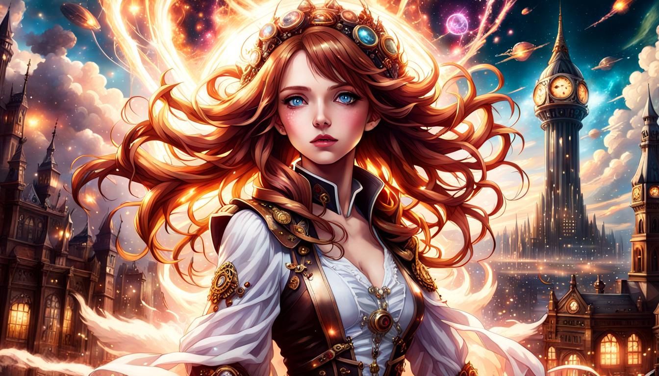 Fantasy City with Fox Girl in Anime Style