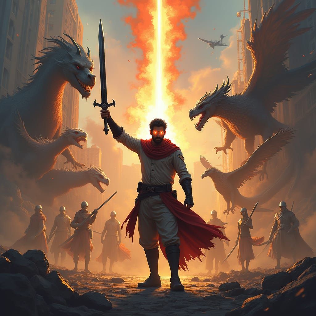 Magical Hero Salman Khan Wields Sword in War-Torn Cityscape