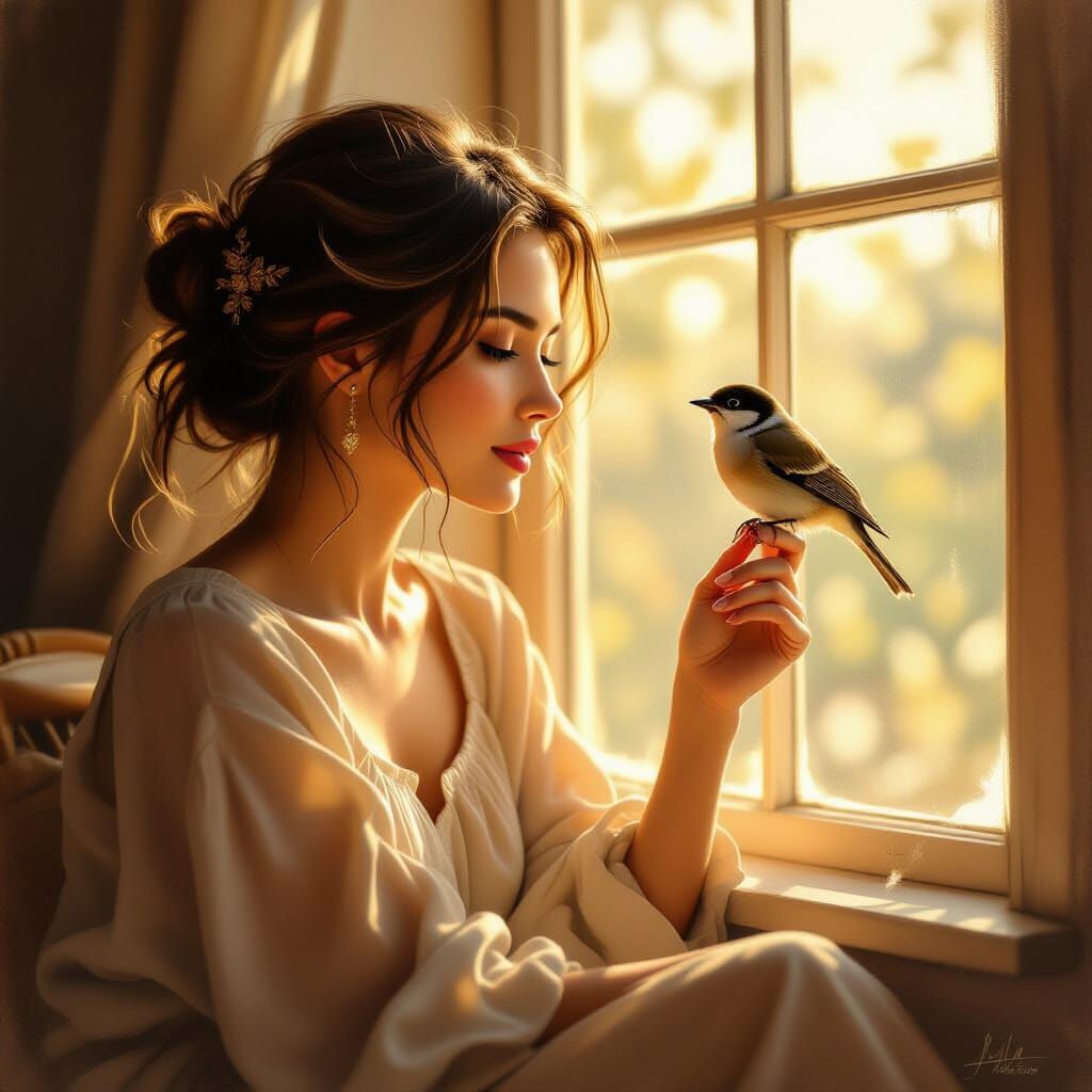 Painterly Realism: Woman and Bird by Sunlit Window