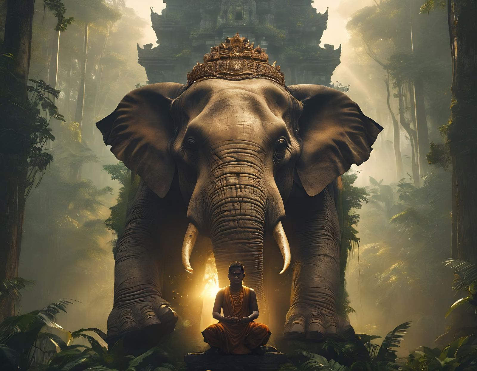 Elephant God in Rainforest Temple: Realistic Landscape