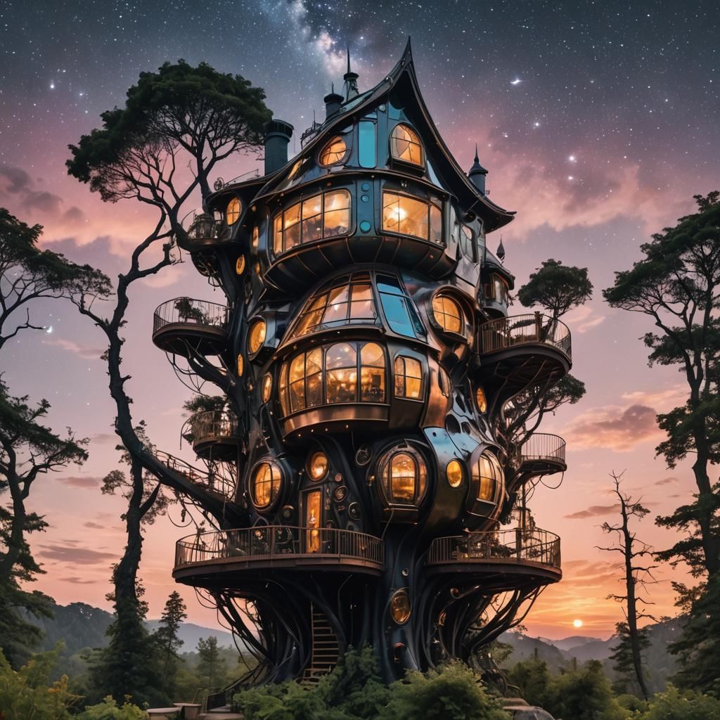 Steampunk Biomorphic Forest House with Nebula Sky
