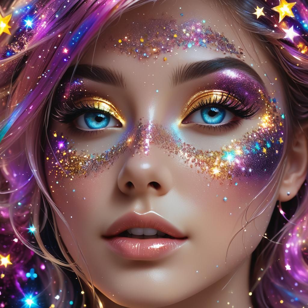 Cosmic Beauty Portrait with Glittering Star Hair