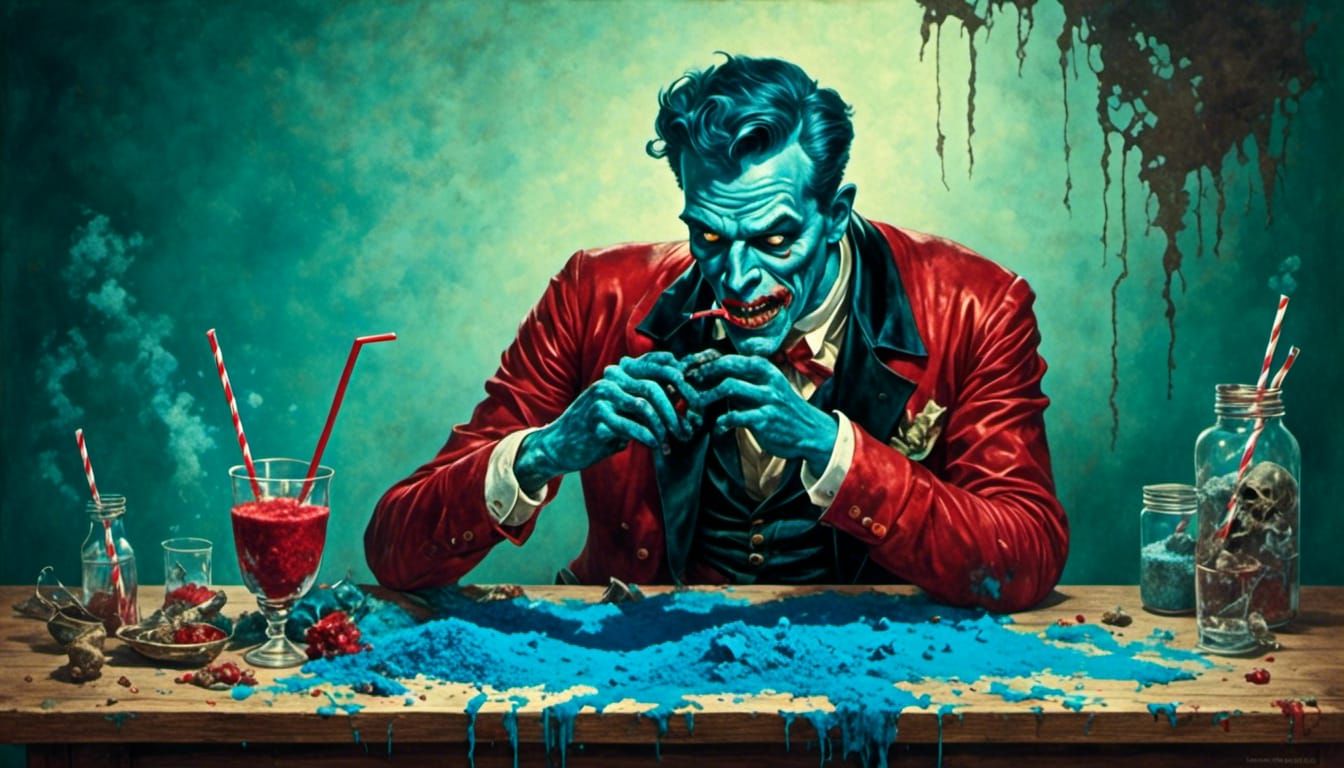 Zombie Snorting Blue Powder in Retro Rockabilly Style