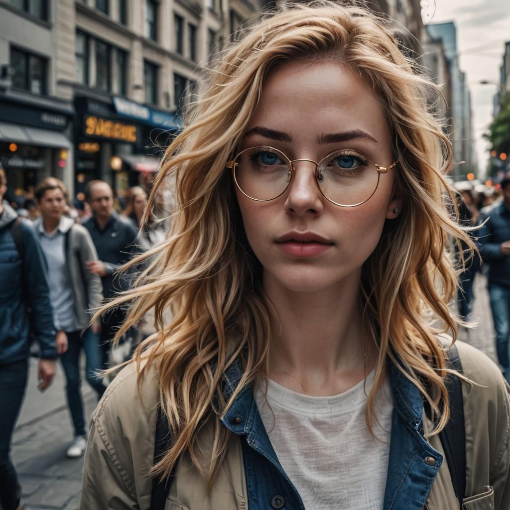 Hyperrealistic Portrait of Woman on City Sidewalk