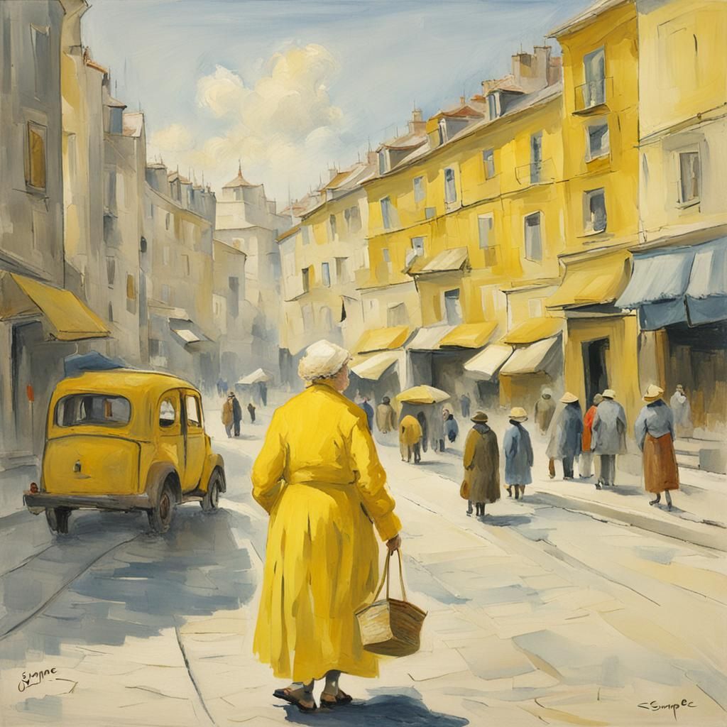 Whimsical Old Woman in Bright Cityscape