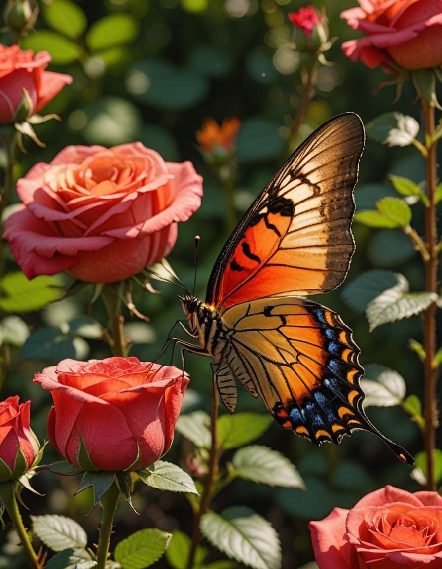 Vibrant Butterfly Feeds on Red Rose in Macro Photography
