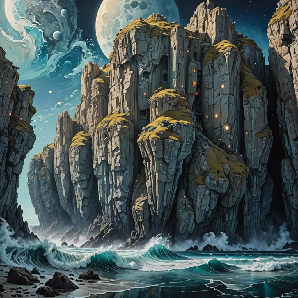 Futuristic Seascape Moonscape in Hyperrealistic Double Expos...