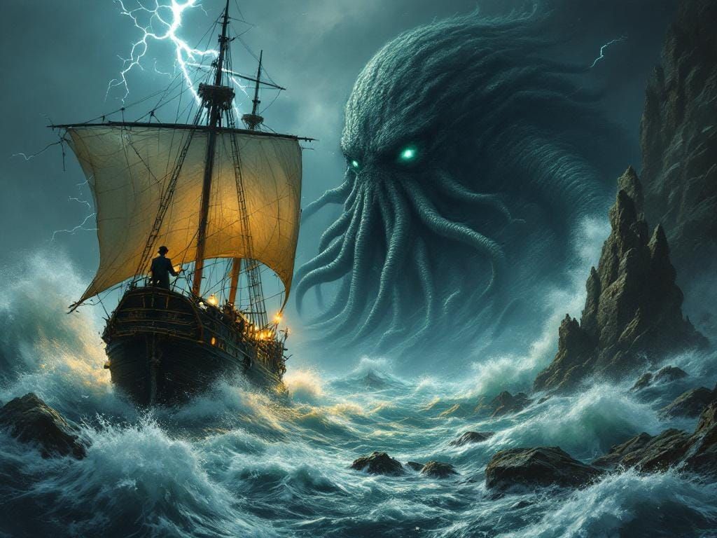 Cthulhu Rises: Ship in a Stormy Sea
