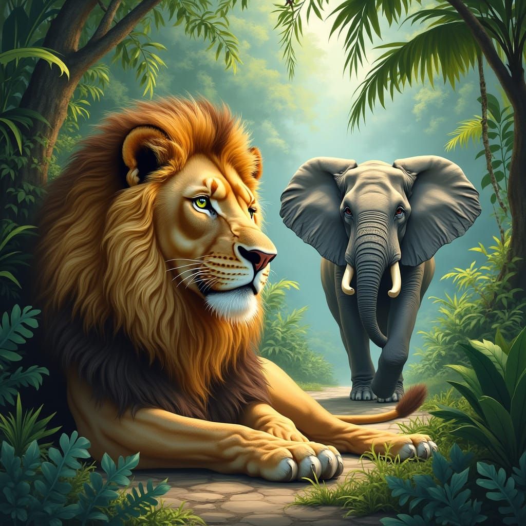 Majestic Lion and Elephant in Lush Tropical Paradise