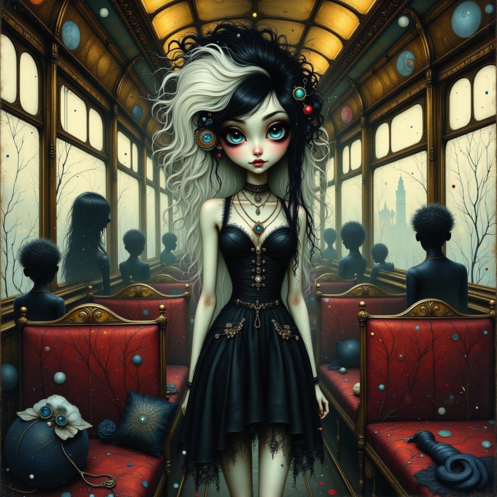 Tim Burton-Inspired Woman in Vintage Train