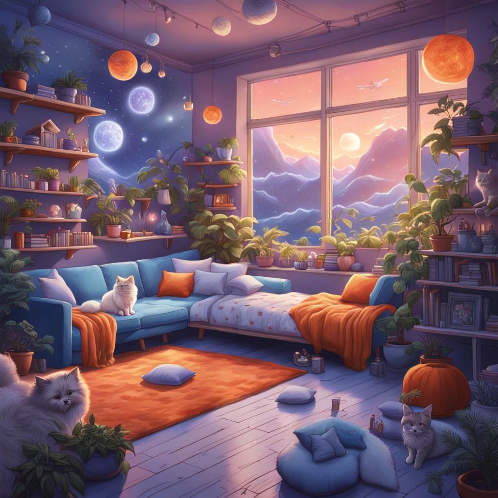 Pastel Bedroom with Starry Constellations, Hyperrealistic Ar...
