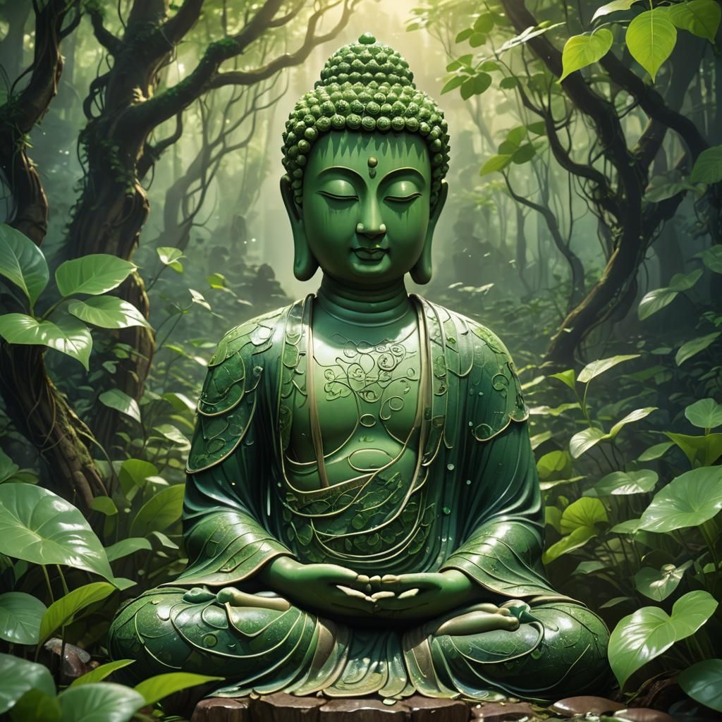Serene Buddha in Lush Forest, Hyper-Realistic Anime Art