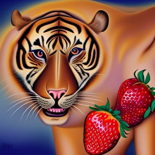 Surreal Strawberry Sunset: Tiger Woman in Dali Style