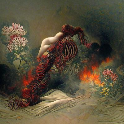 Fiery Floral Ribcage in a Dark Fantasy Style