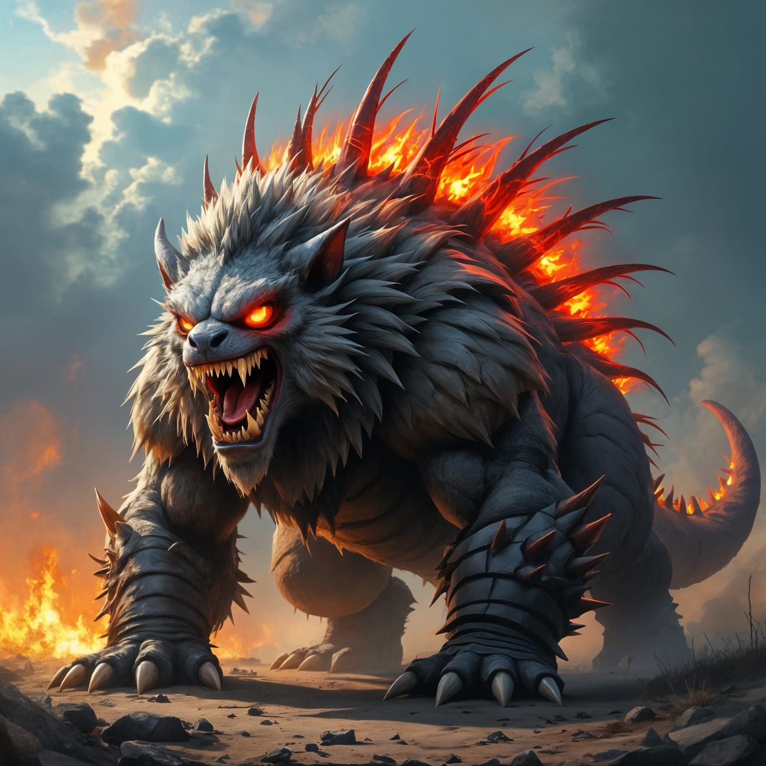 Hybrid Bristle Beast with Fire Eyes and Quill Mane