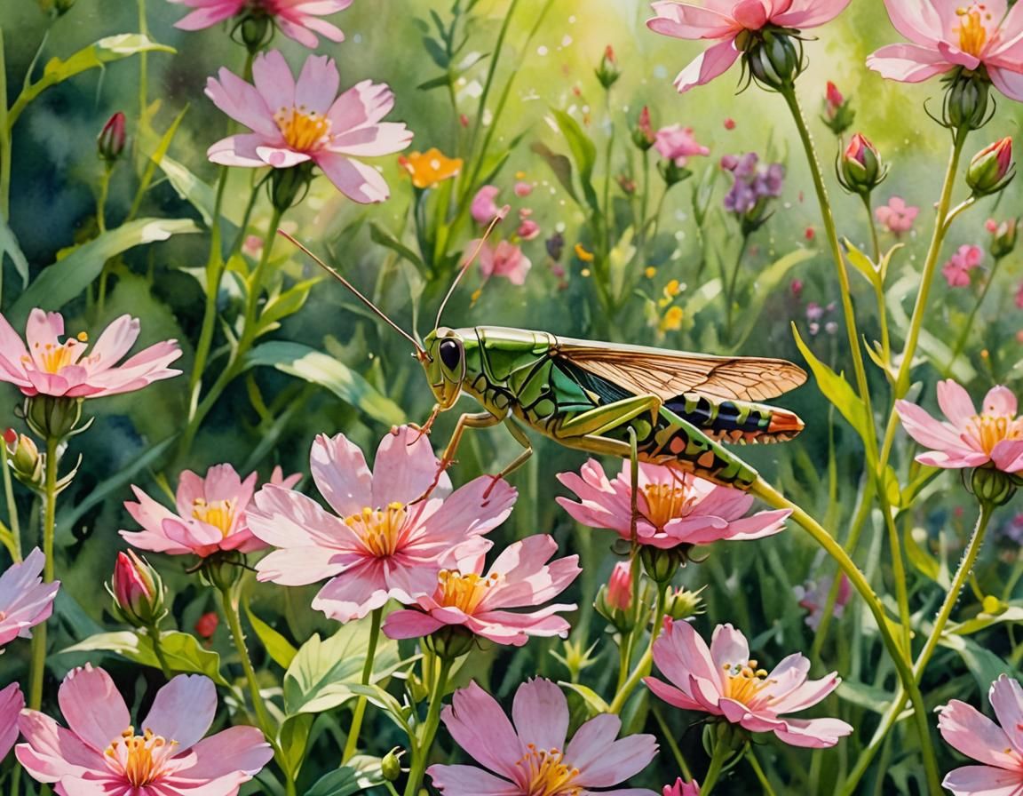 Grasshopper on Pink Flower: Impressionistic Watercolor
