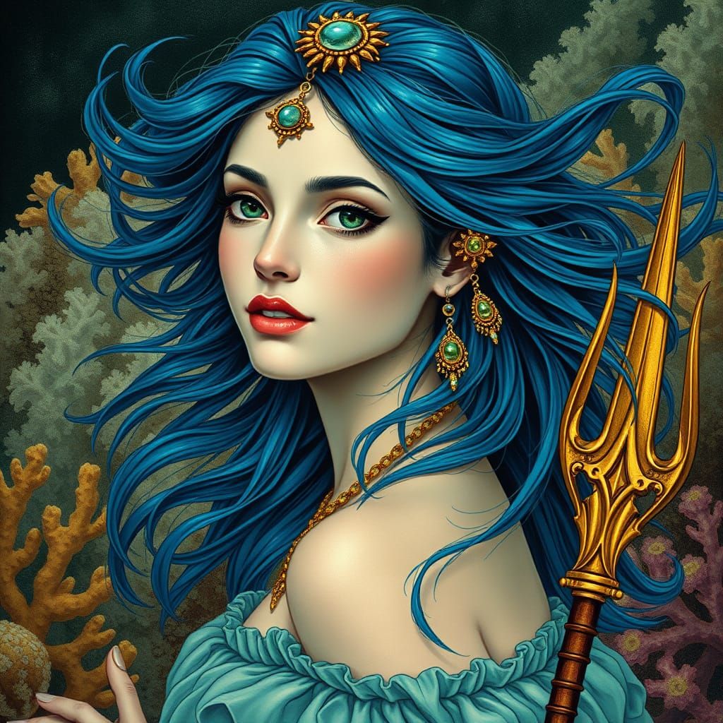 Underwater Woman with Trident in Art Nouveau Style