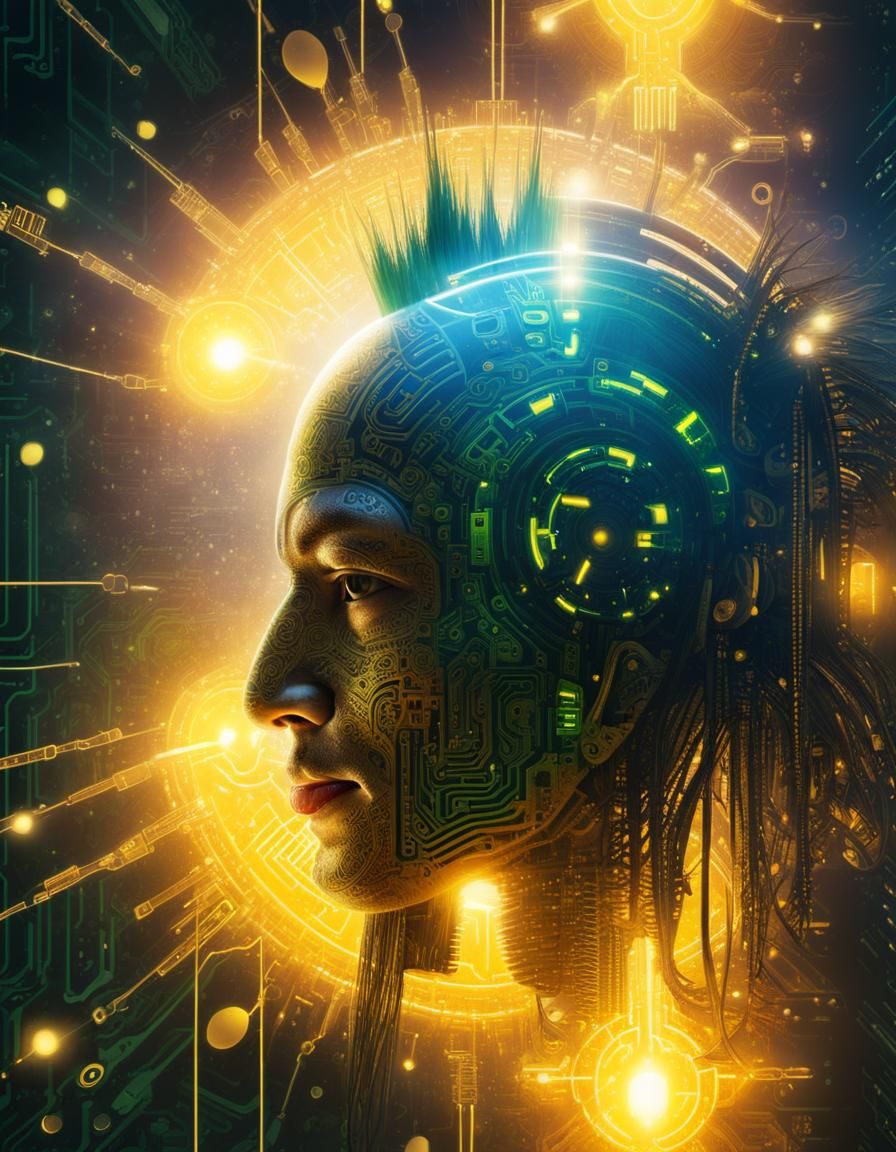 Maori Robot Face with Neon Cyberpunk Tattoos