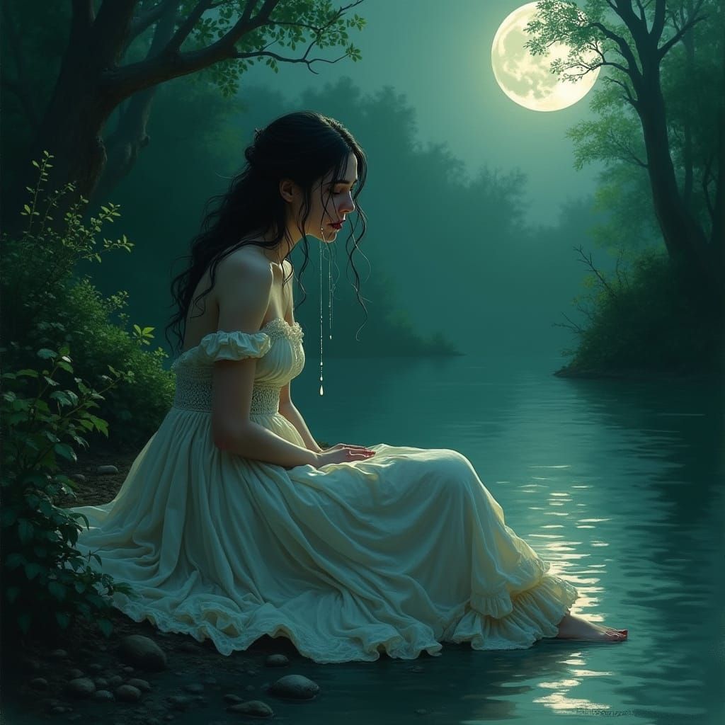 A Victorian-Era Woman Weeps on a Moonlit Riverbank