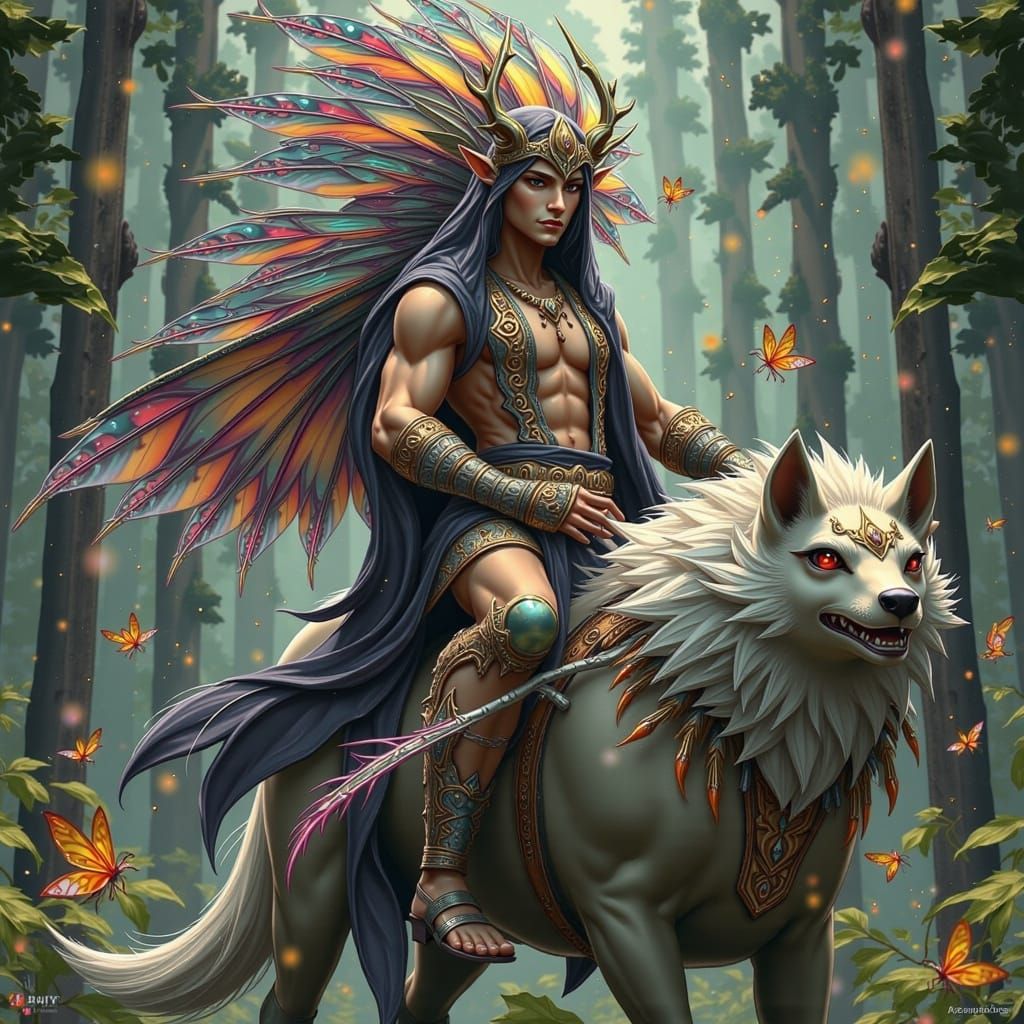 Savage Fae Warrior Rides Majestic Wolf in Vibrant Forest Lan...