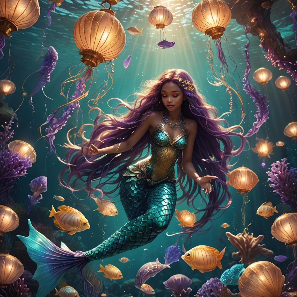 Fantastical Mermaid in Iridescent Underwater Matte Painting