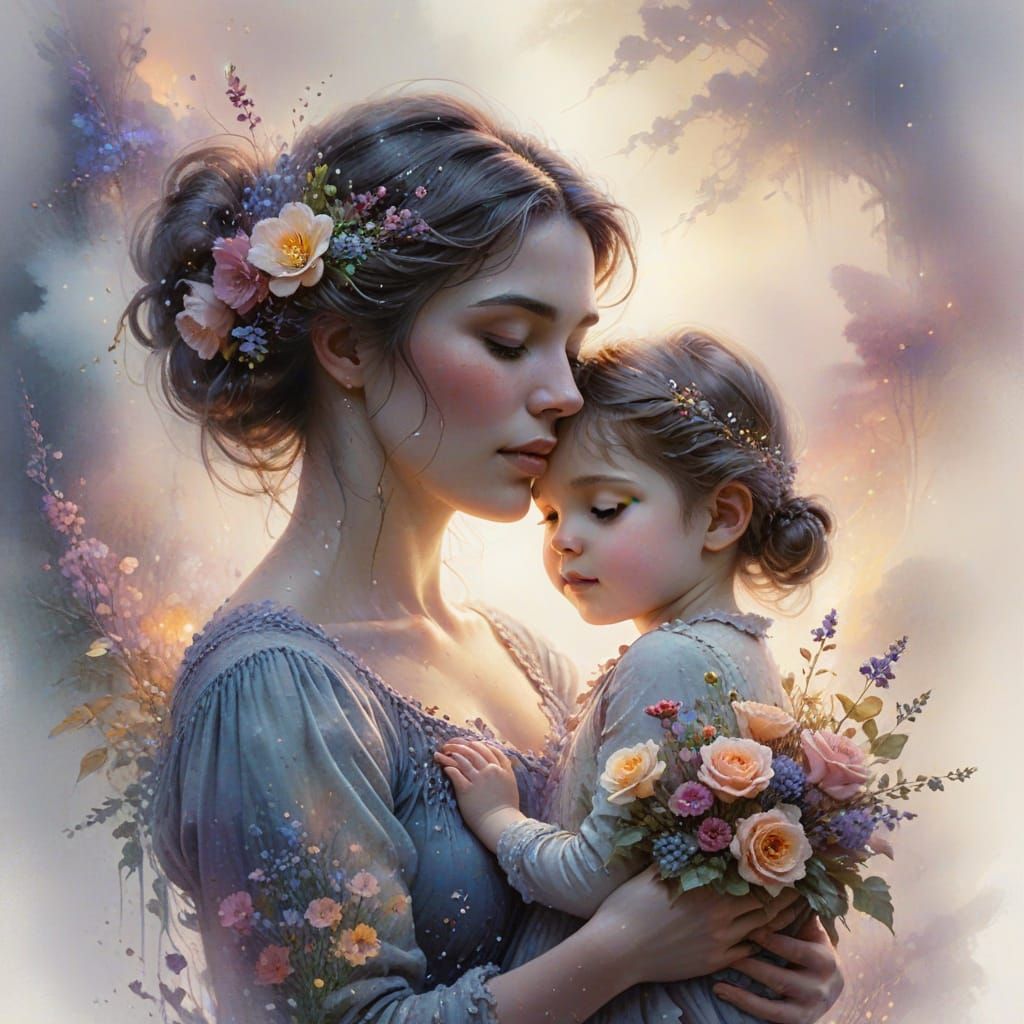 Ethereal Watercolour of Mother Embracing Daughter