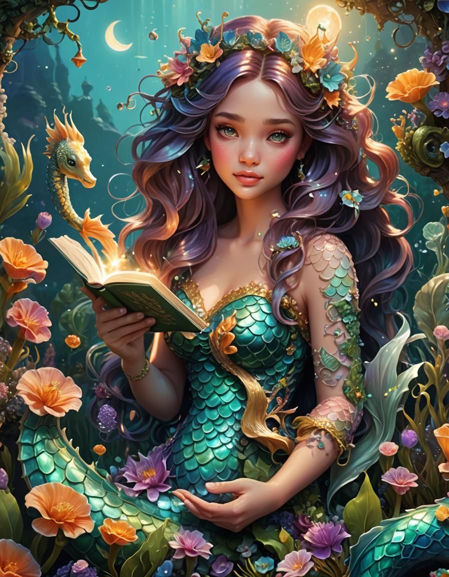 Mermaid and Seahorse in Magical Whimsical Garden