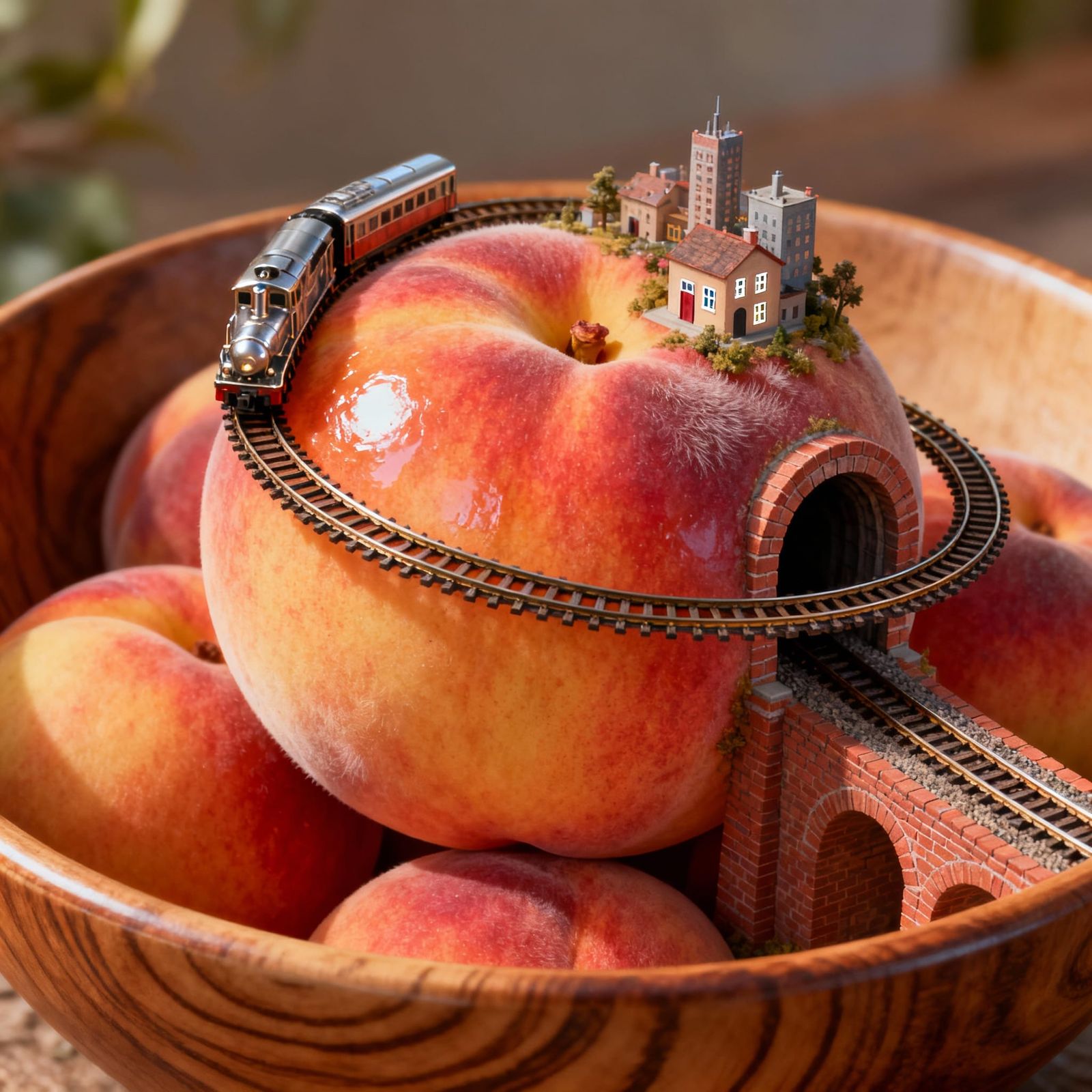 Realistic Peach with Floating Train Tracks and City