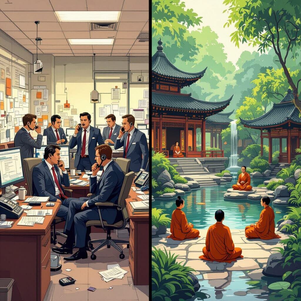 Contrasting Office and Temple Garden in Split-Frame Style
