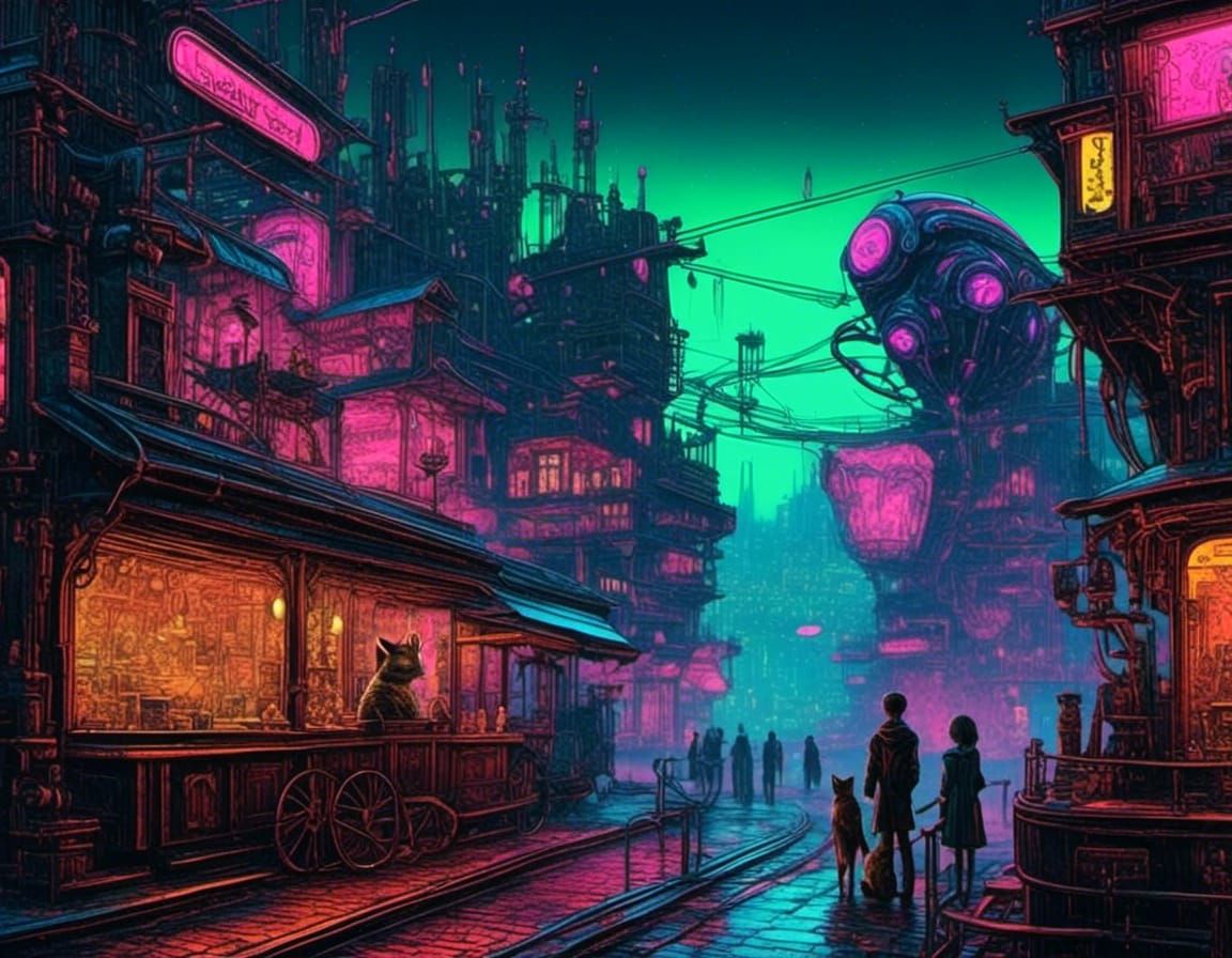 Cyberpunk Cat and Robot Alien in Dystopian City