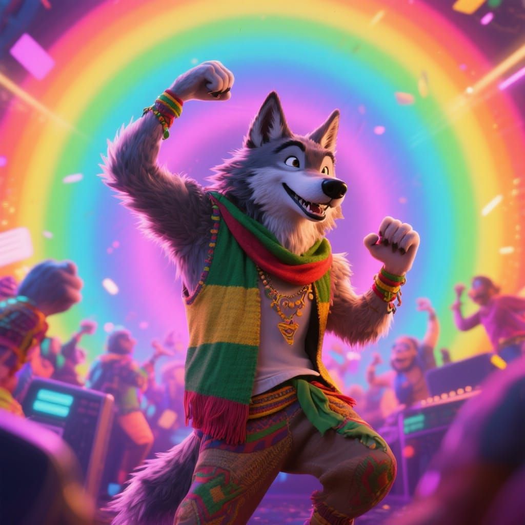 Wolf Dances at Rave in Pixar-Inspired 3D Art