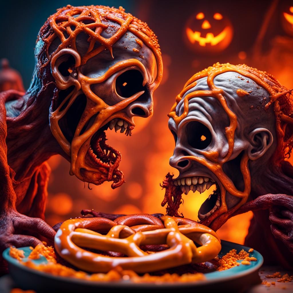 Hyperrealistic Pretzel Cannibals in Halloween Scene