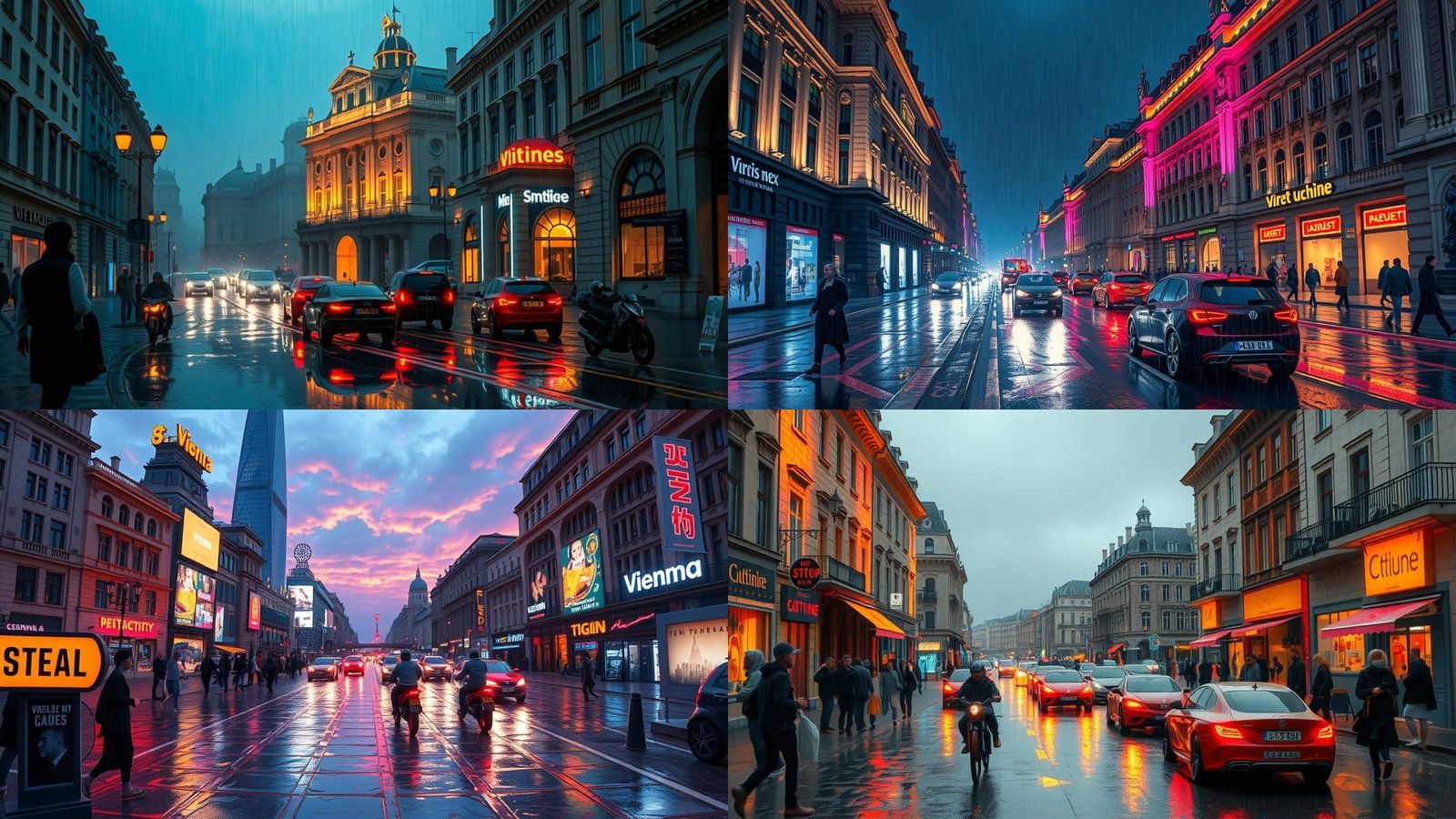 Cyberpunk Vienna Street Scene in Gouache Style